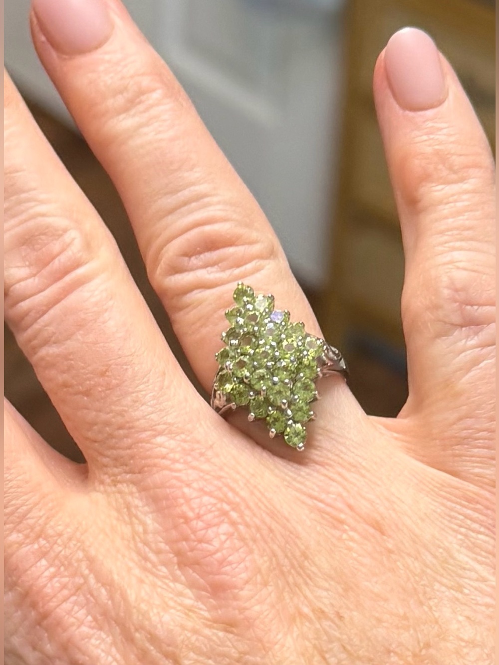 Stunning 3CT Natural Green Peridot Cluster 14K Gold over 925 Sterling Ring Sz 7 - Picture 9 of 14